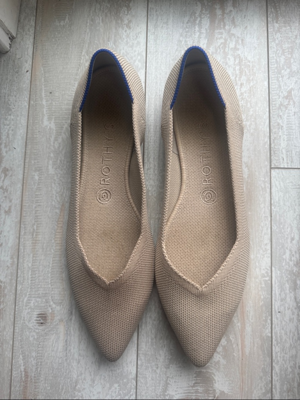 Rothy's Beige Pointed Knit Flats with Blue Trim